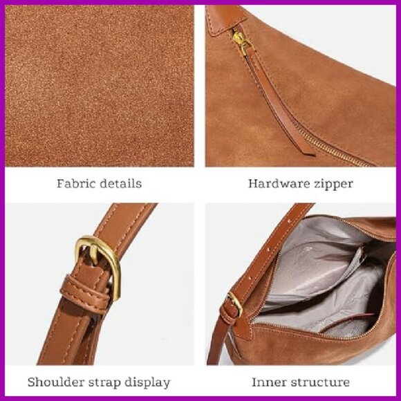 Faux Suede Hobo Bag Medium Size Slouchy Shoulder Purse Vintage Style - Picture 6 of 6